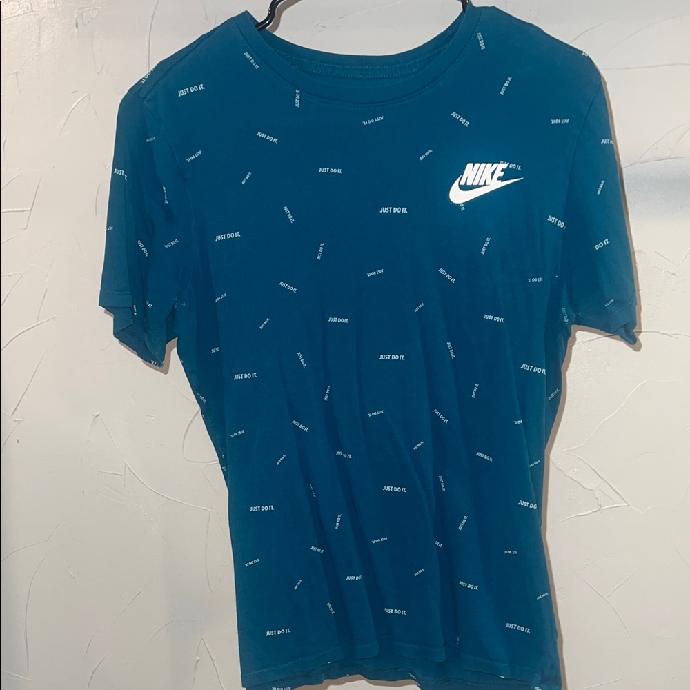 Nike Teal-Allover 'Just Do It.' Print T-Shirt with White Swoosh- med